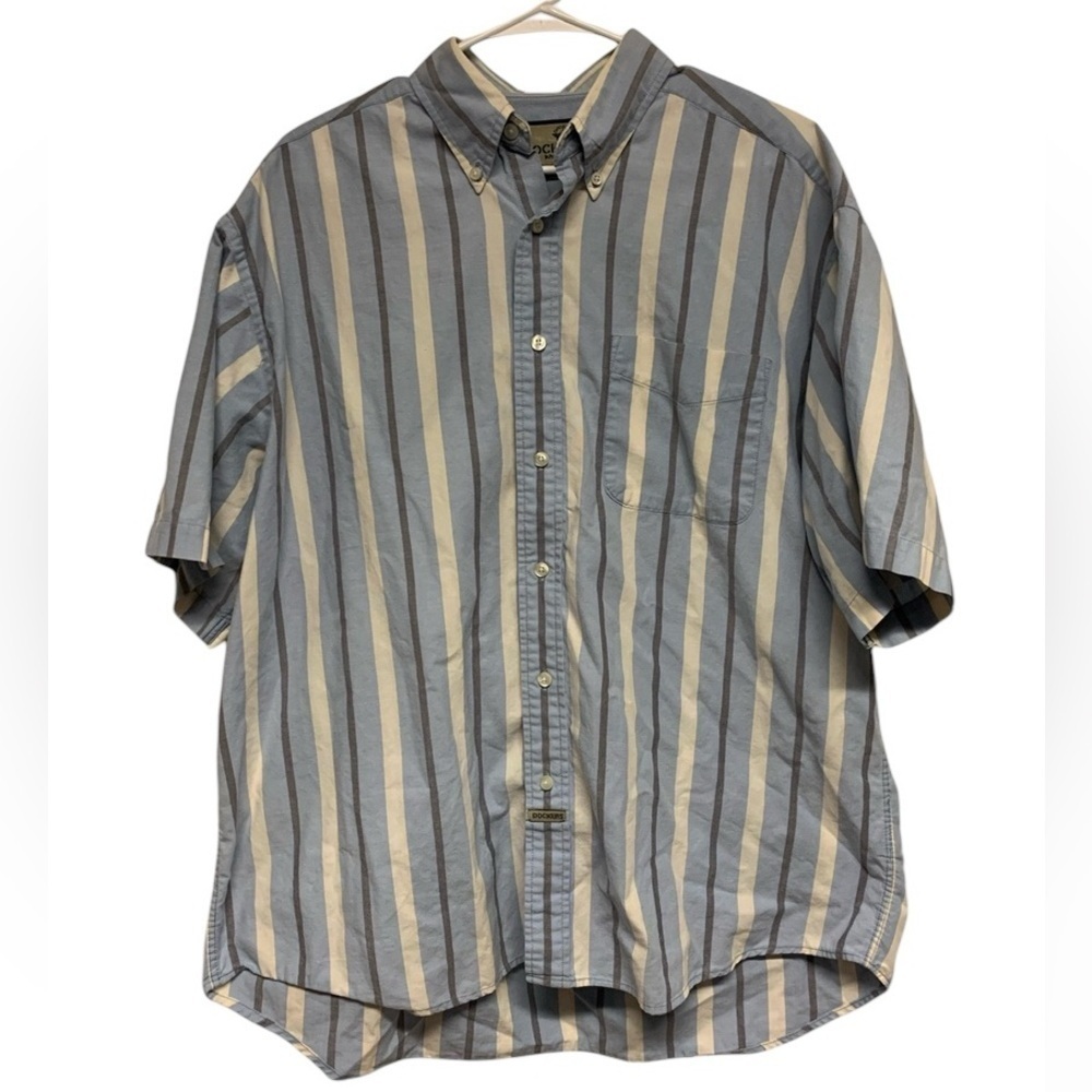 Dockers Khakiware cotton blue white stripe short sleeve button down mens L Large